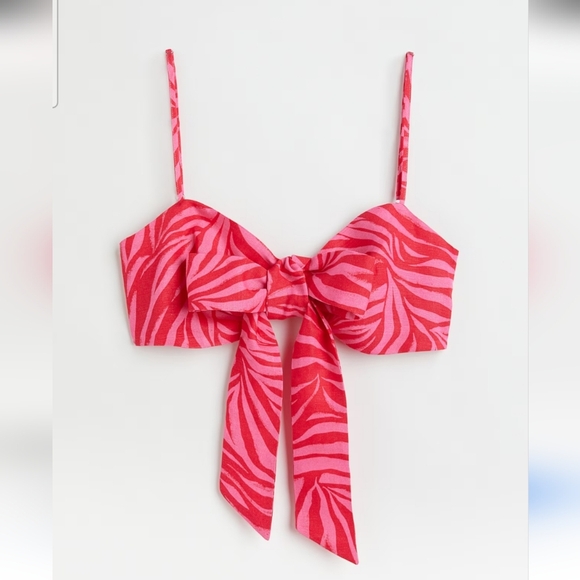 H&M Tie Front Linen Blend Bralette Crop Top. Zebra Print Red/Pink. Size XS NWT - Picture 6 of 16